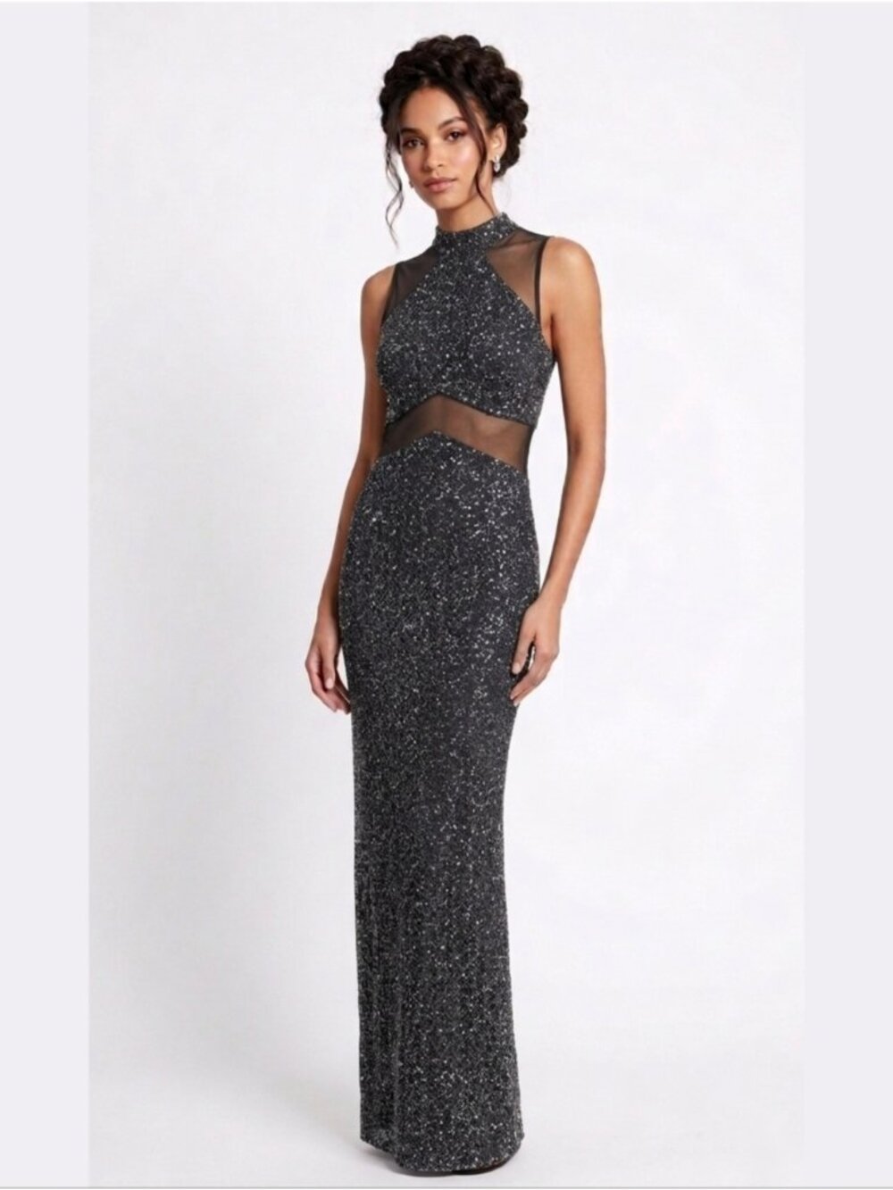 Lori Weidner Evenings Black Silver Glitter Mesh Cutout Maxi Dress Size 10 Gown